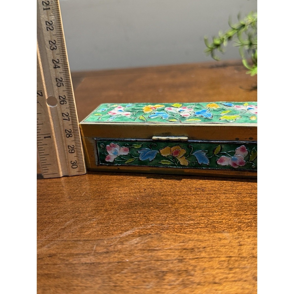 VTG CHINESE CLOISONNE ENAMEL BRASS HINGED STAMP TRINKET BOX MARKED - Picture 4 of 11